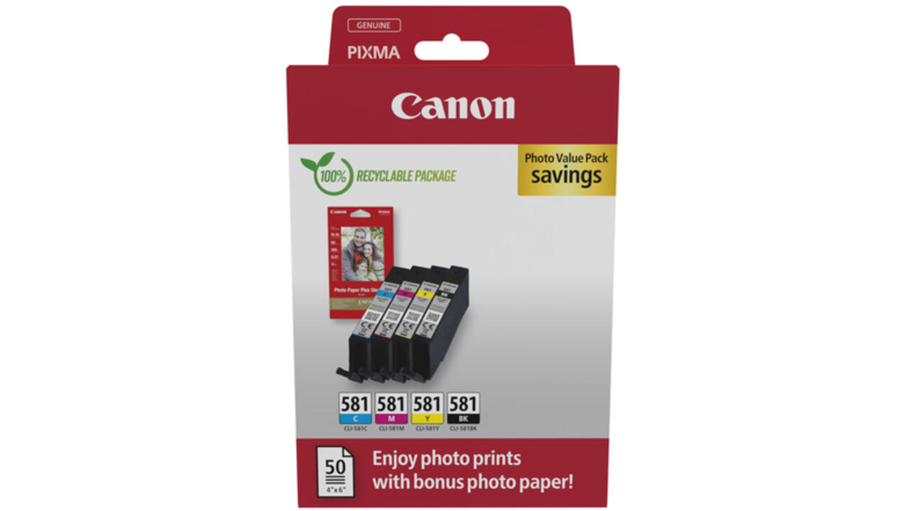 Inktcartridge Canon CLI-581 4 kleuren + 50vel fotopap 10x15cm