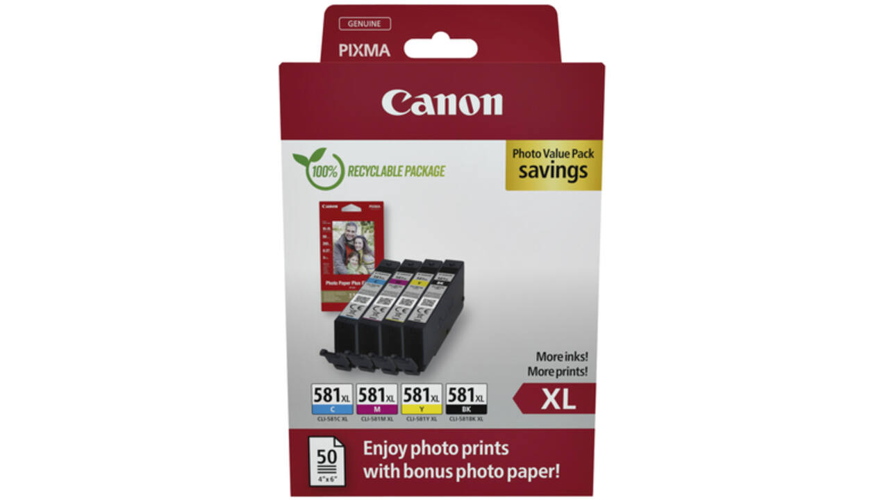 Inktcartridge Canon CLI-581XL 4 kleuren +50 vel fotopapier 10x15cm