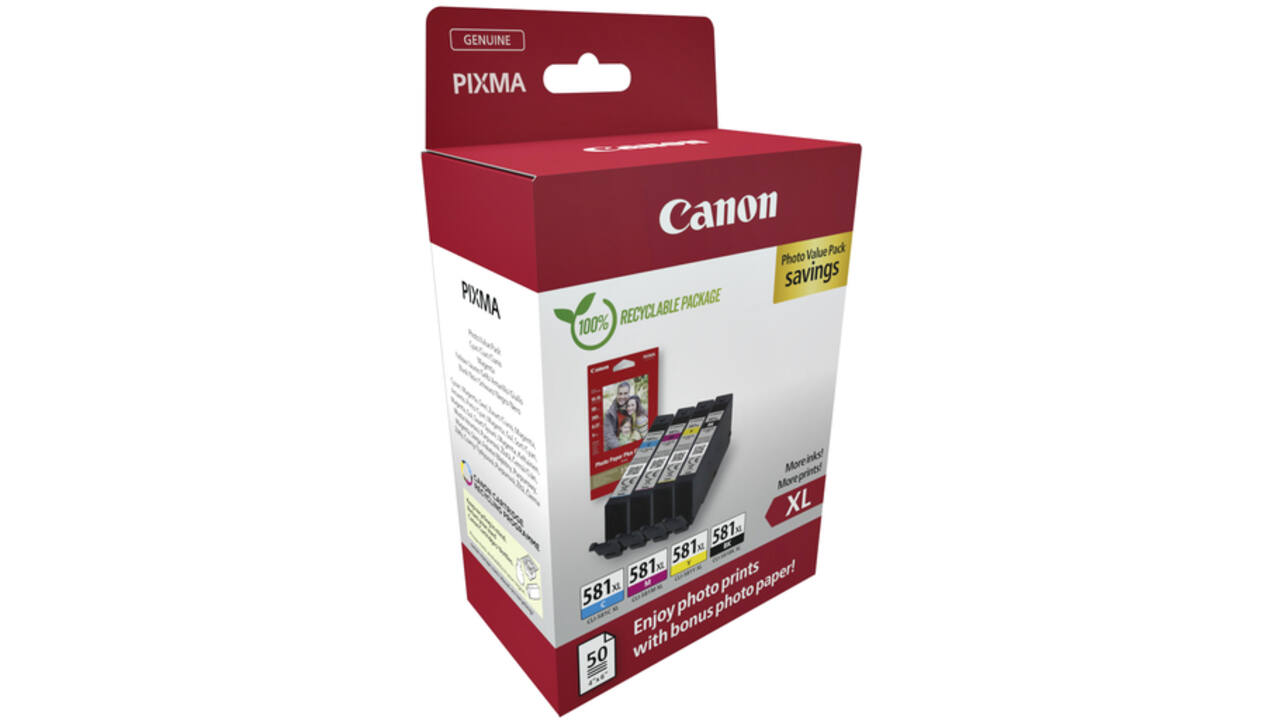 Inktcartridge Canon CLI-581XL 4 kleuren +50 vel fotopapier 10x15cm