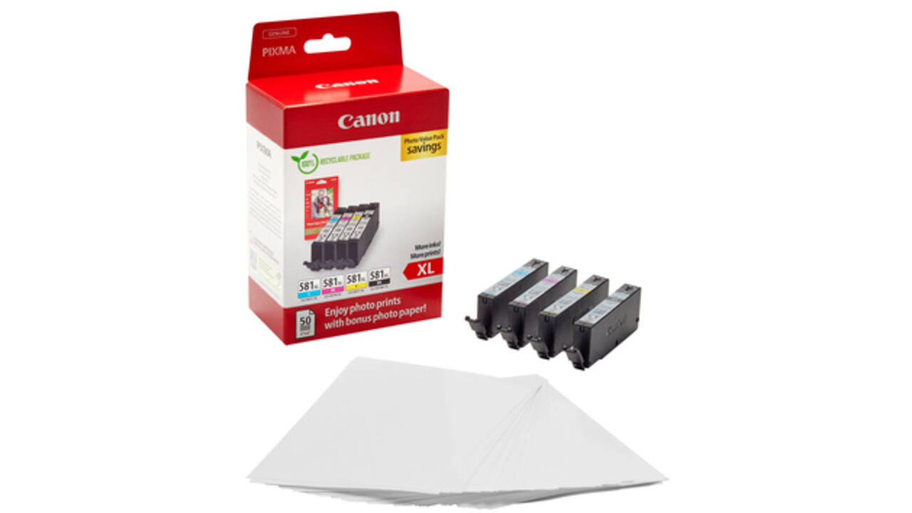 Inktcartridge Canon CLI-581XL 4 kleuren +50 vel fotopapier 10x15cm