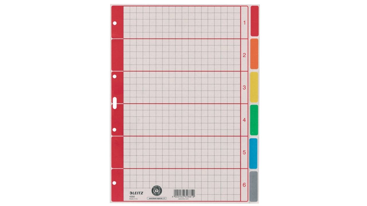 Tabbladen Leitz 4-gaats 4350 6-delig grijs karton