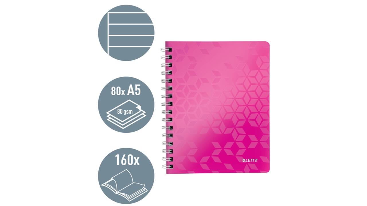 Notitieboek Leitz WOW A5 spiraal PP lijn roze