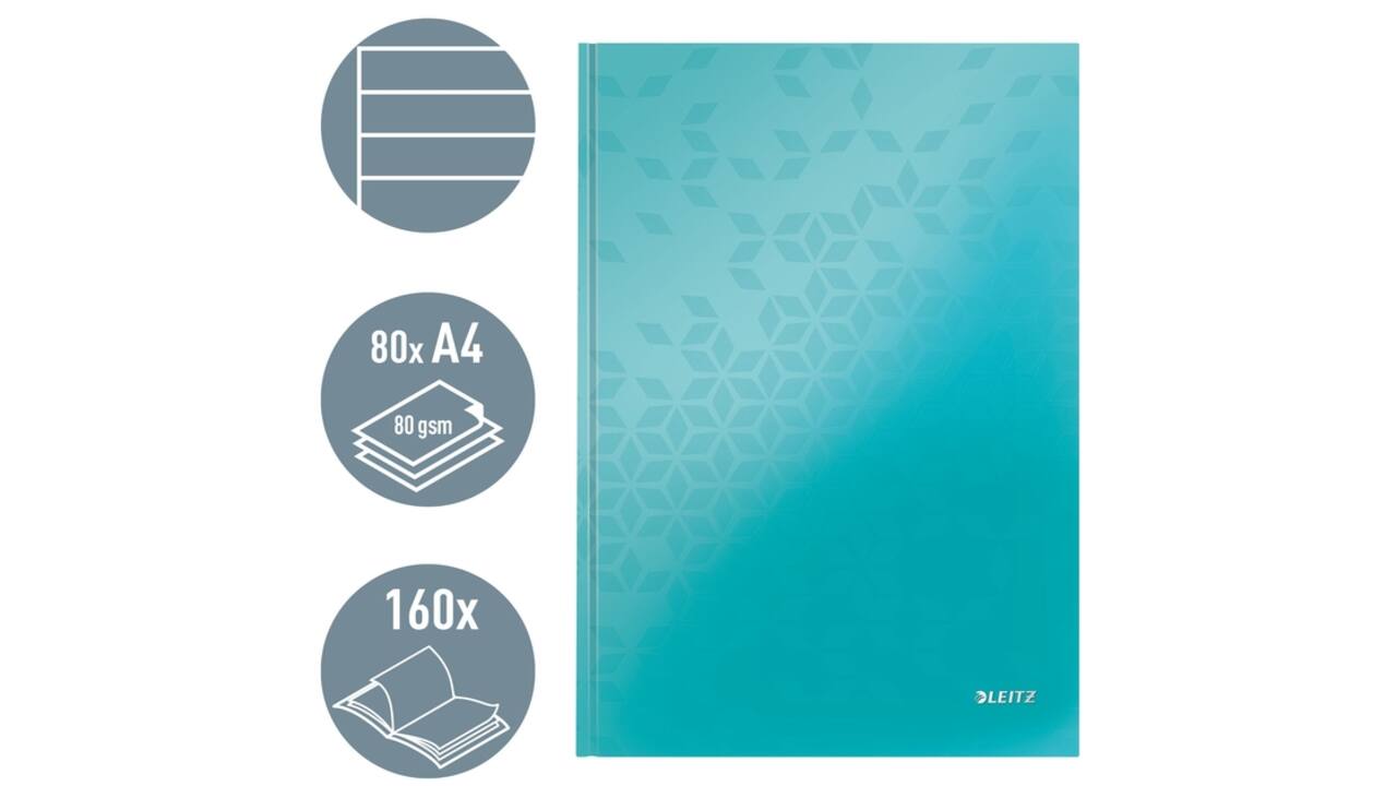Notitieboek Leitz WOW A4 160blz 90gr lijn ijsblauw