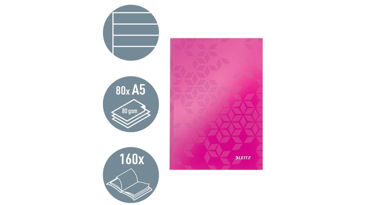 Notitieboek Leitz WOW A5 160blz 90gr lijn roze