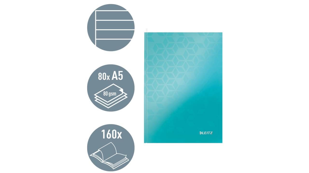 Notitieboek Leitz WOW A5 160blz 90gr lijn ijsblauw