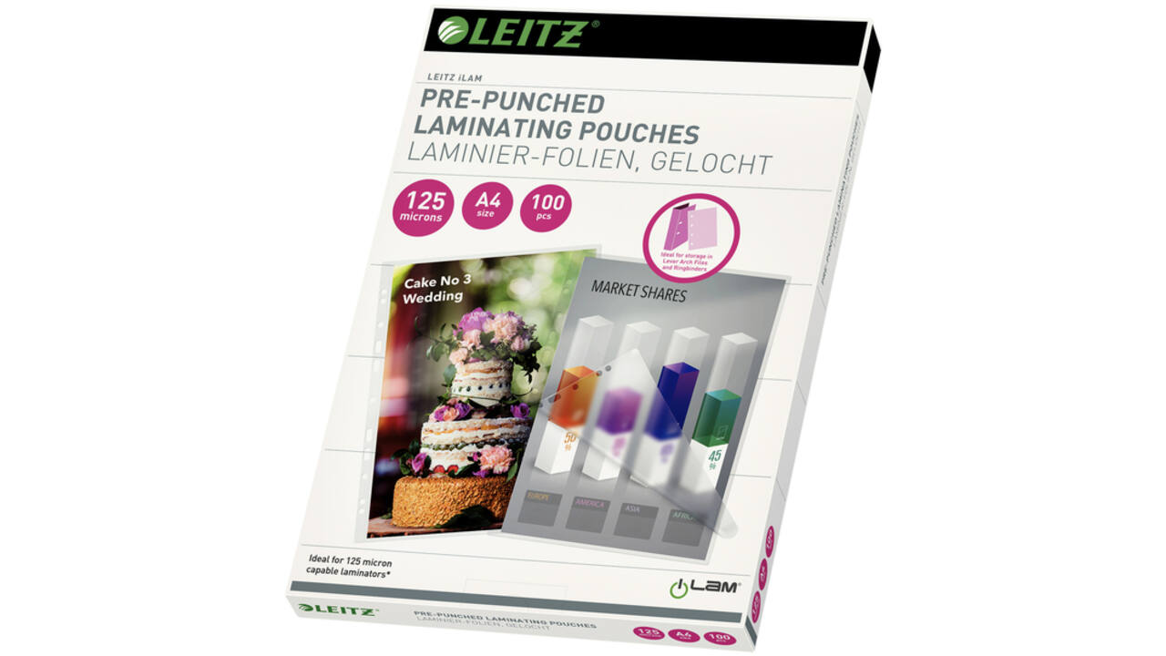 Lamineerhoes Leitz iLAM A4 met perforatieband 2x125micron EVA 100 stuks