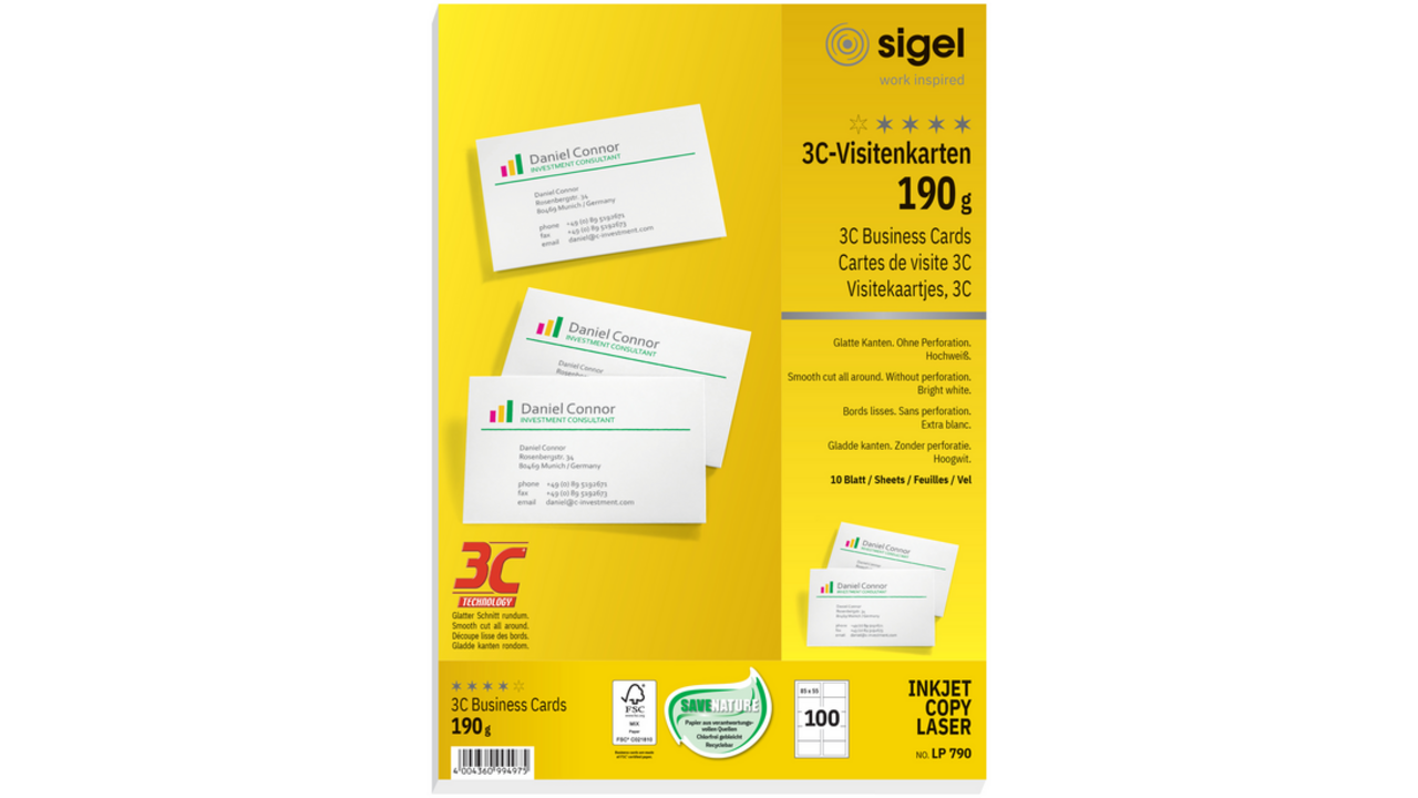 Visitekaart Sigel 85x55mm blanco 190gr afgeronde hoeken wit 100 stuks