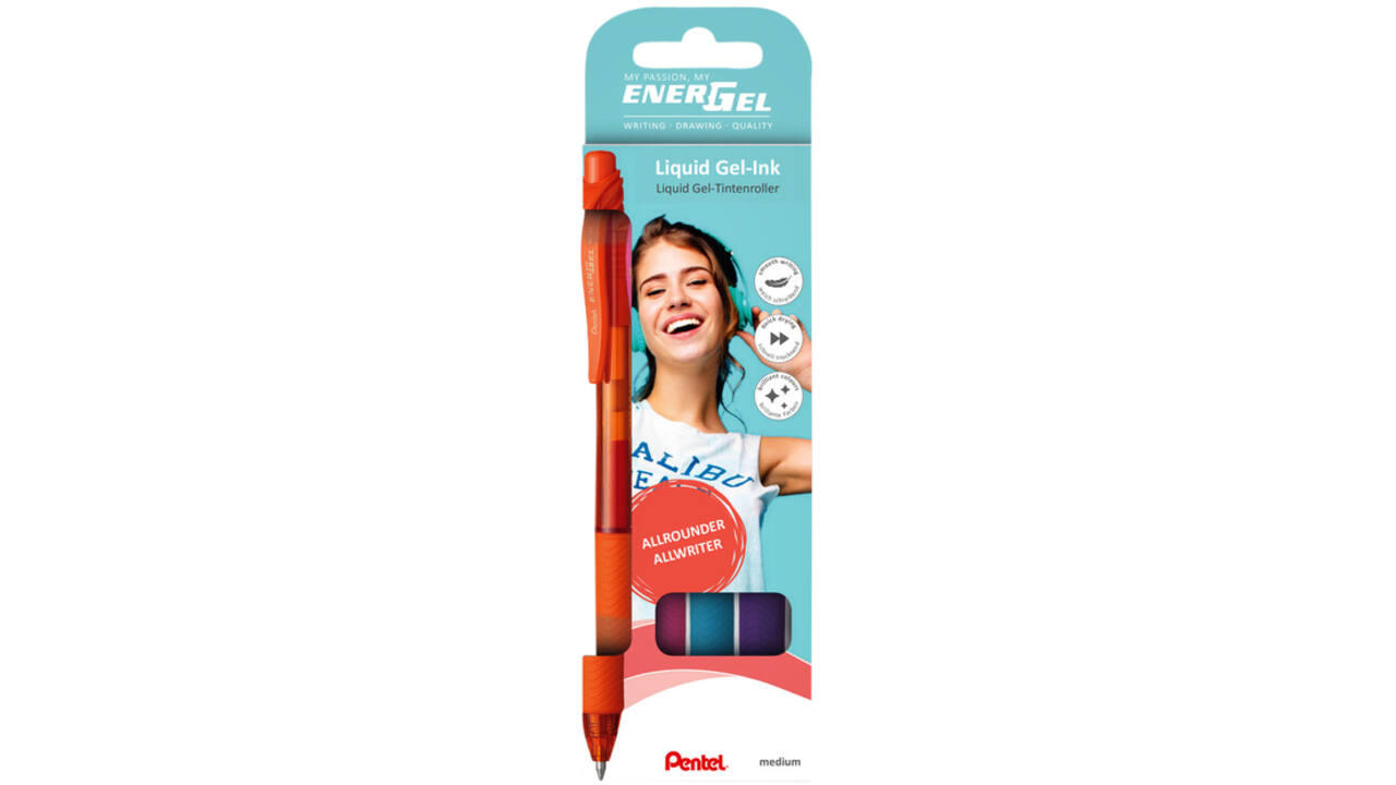 Gelschrijver Pentel BL107 Energel-X medium oranje-roze-lblauw-violet blister à 4 stuks