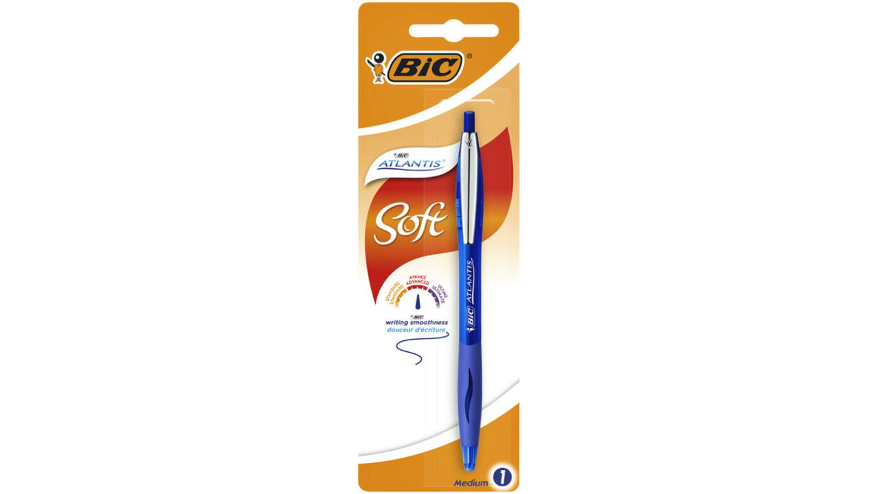 Balpen Bic Atlantis soft metalen clip clic medium blauw bister à 1 stuk
