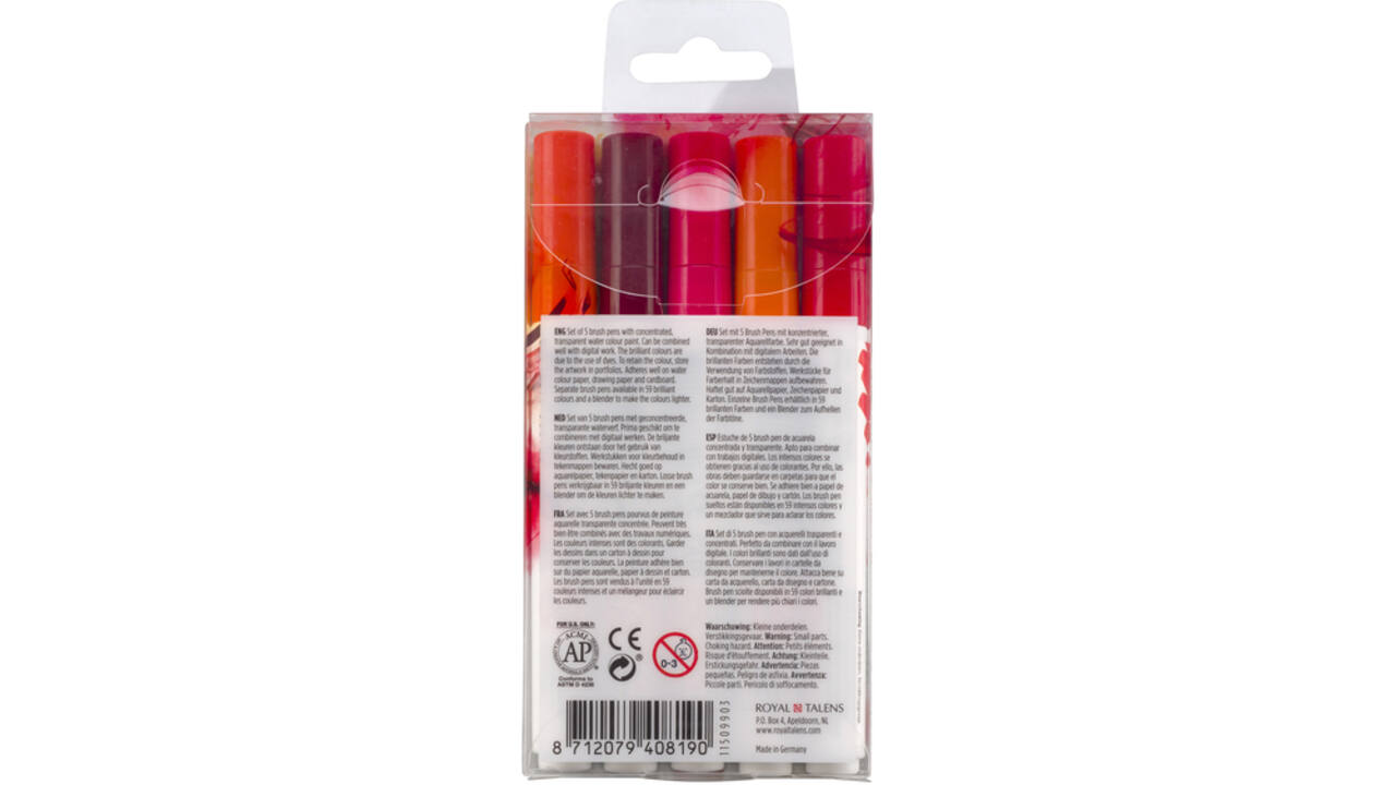 Brushpen Talens Ecoline set-rood blister à 5 stuks ass