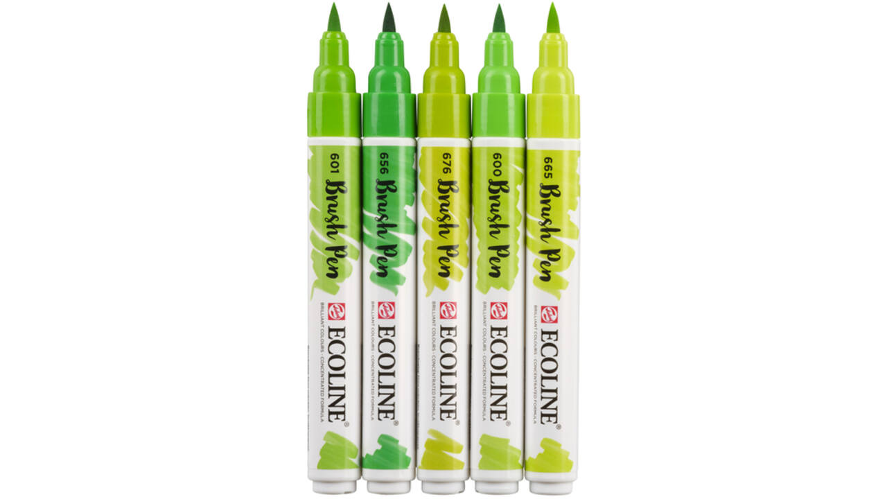 Brushpen Talens Ecoline set-groen blister à 5 stuks ass