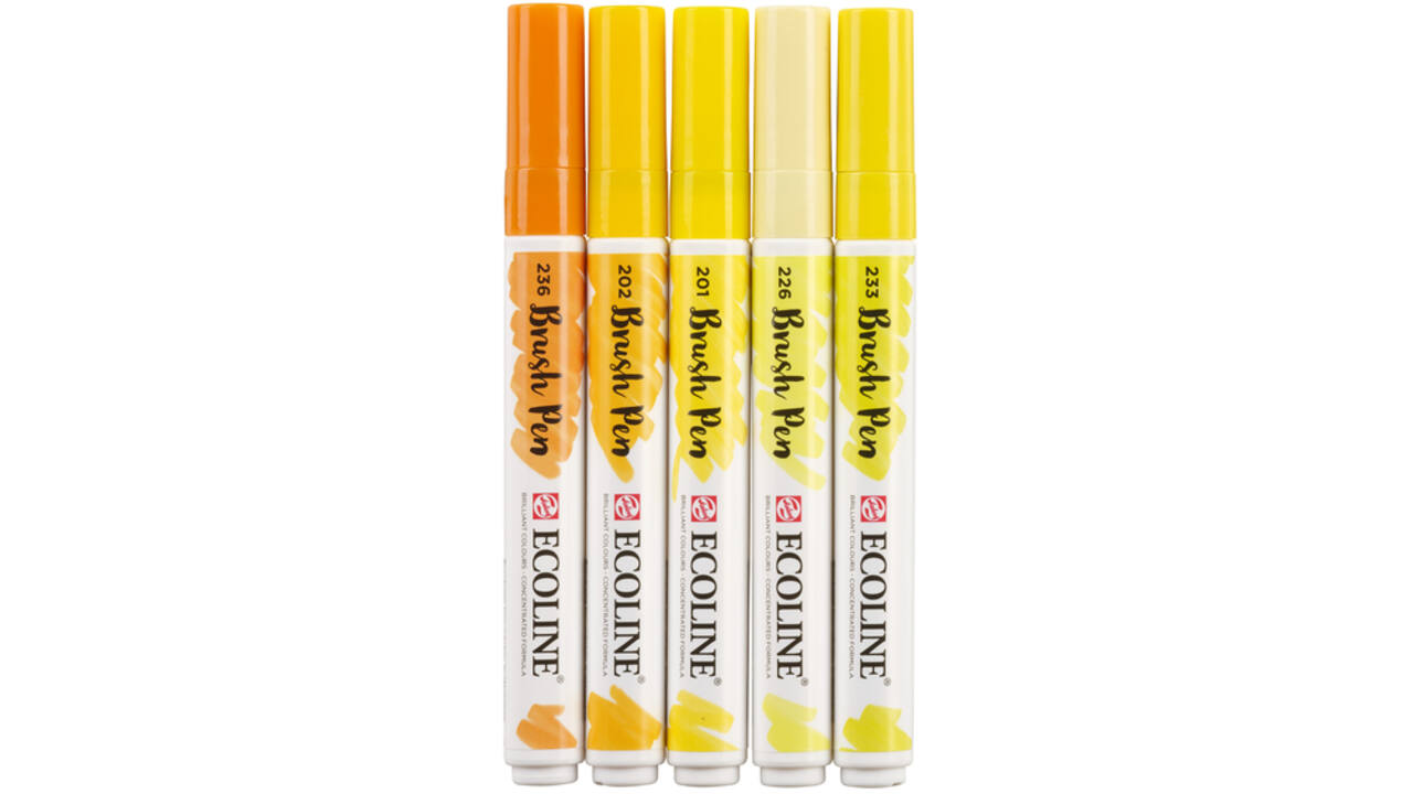 Brushpen Talens Ecoline set-geel blister à 5 stuks ass