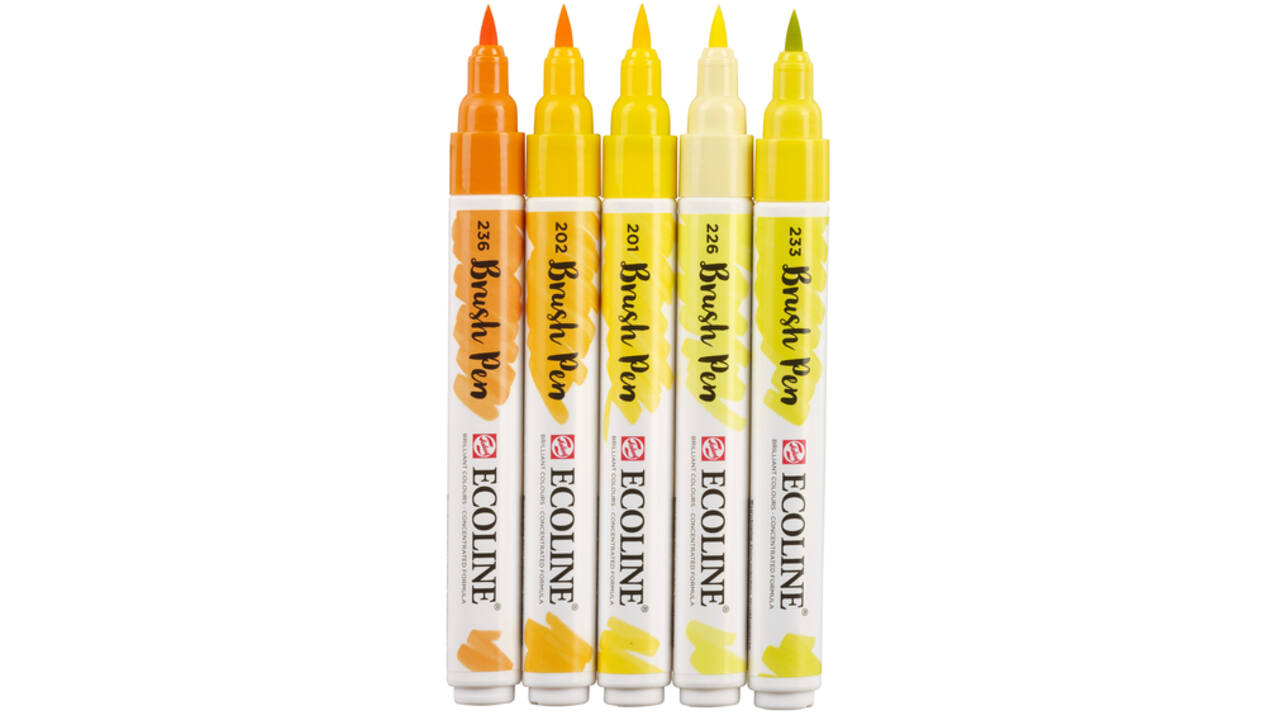 Brushpen Talens Ecoline set-geel blister à 5 stuks ass