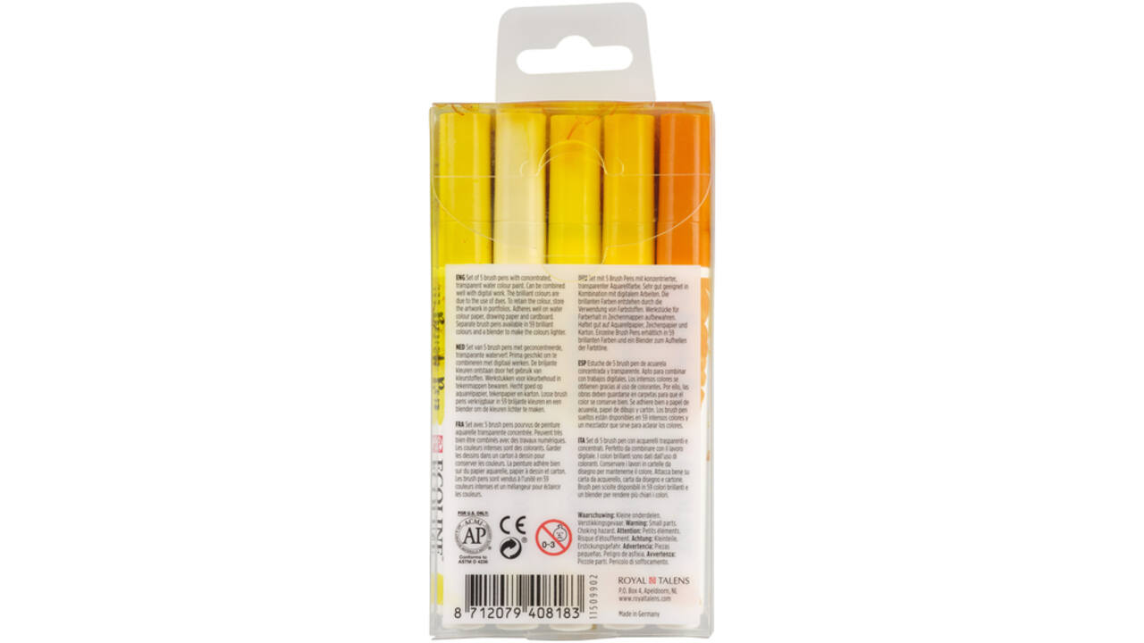 Brushpen Talens Ecoline set-geel blister à 5 stuks ass