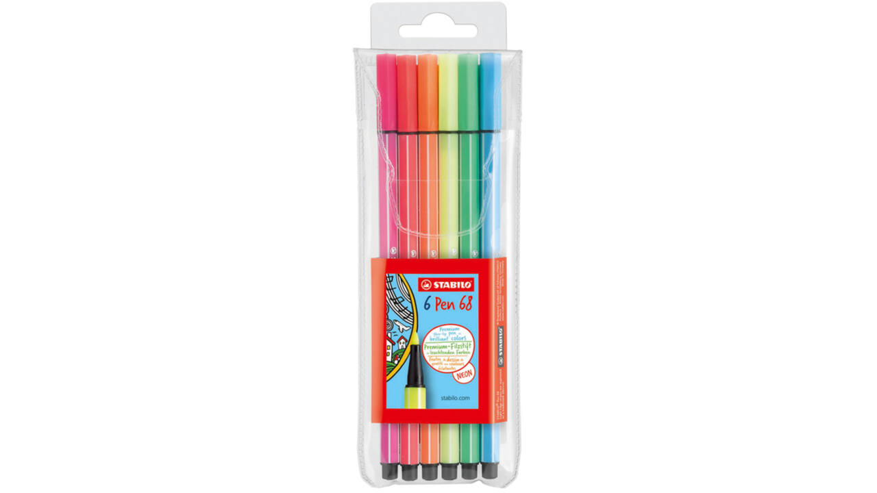 Viltstift STABILO Pen 68 medium fluor assorti etui à 6 stuks