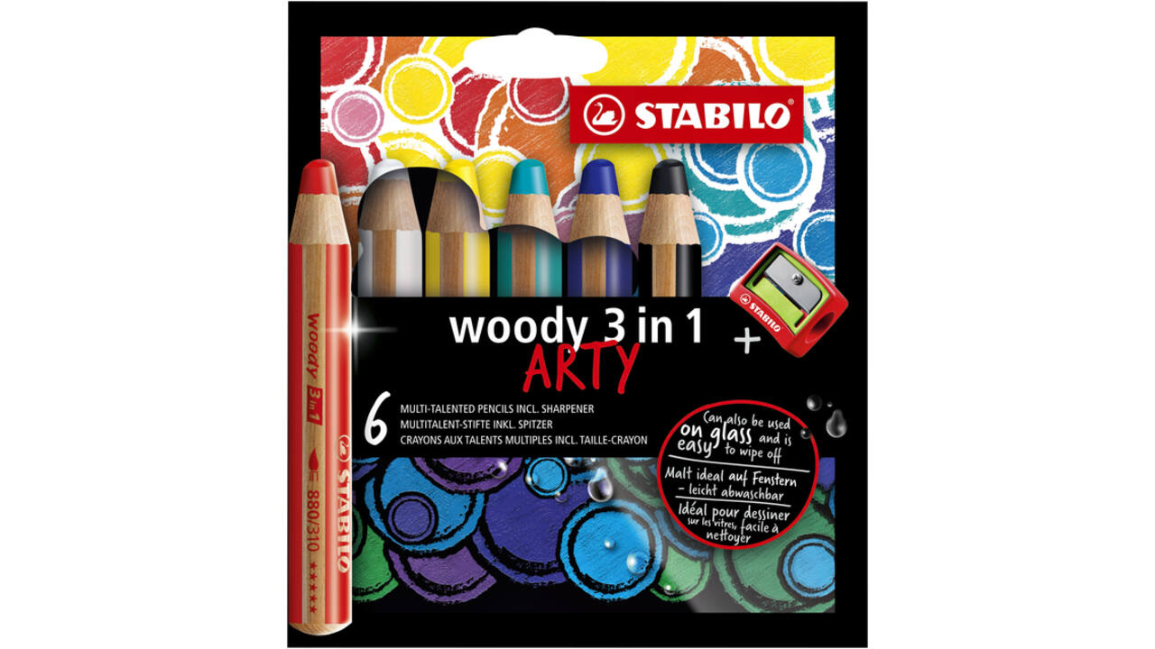 Kleurpotloden STABILO 880 woody 3 in 1 Arty inclusief puntenslijper assorti etui à 6 stuks