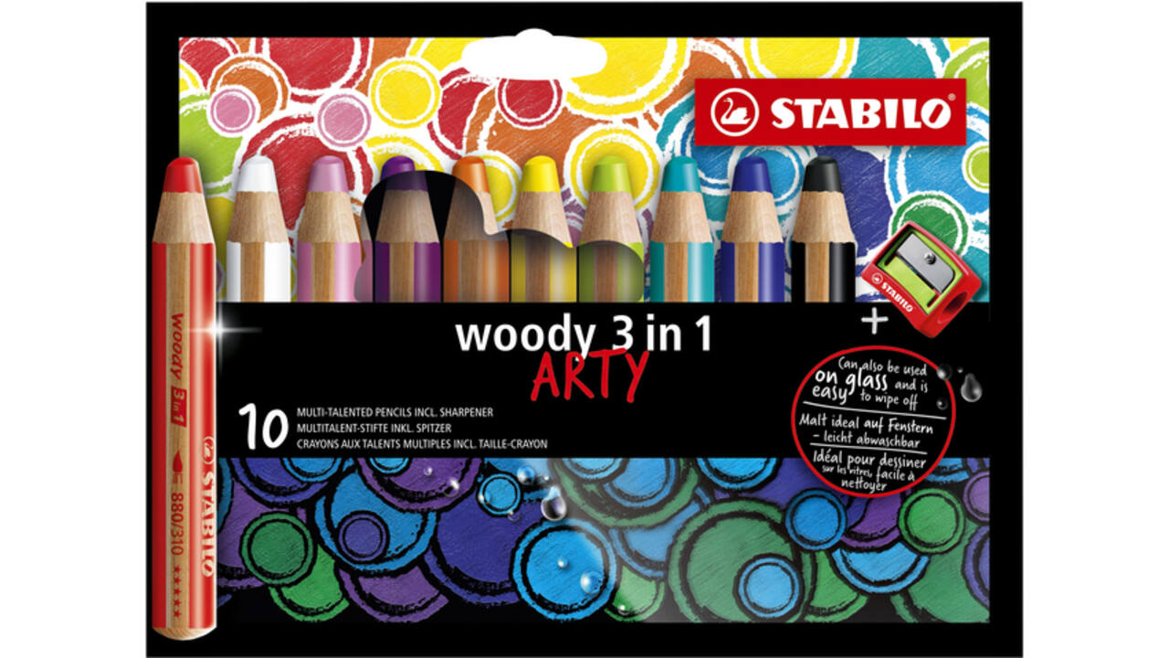 Kleurpotloden STABILO 880 woody 3 in 1 Arty inclusief puntenslijper assorti etui à 10 stuks
