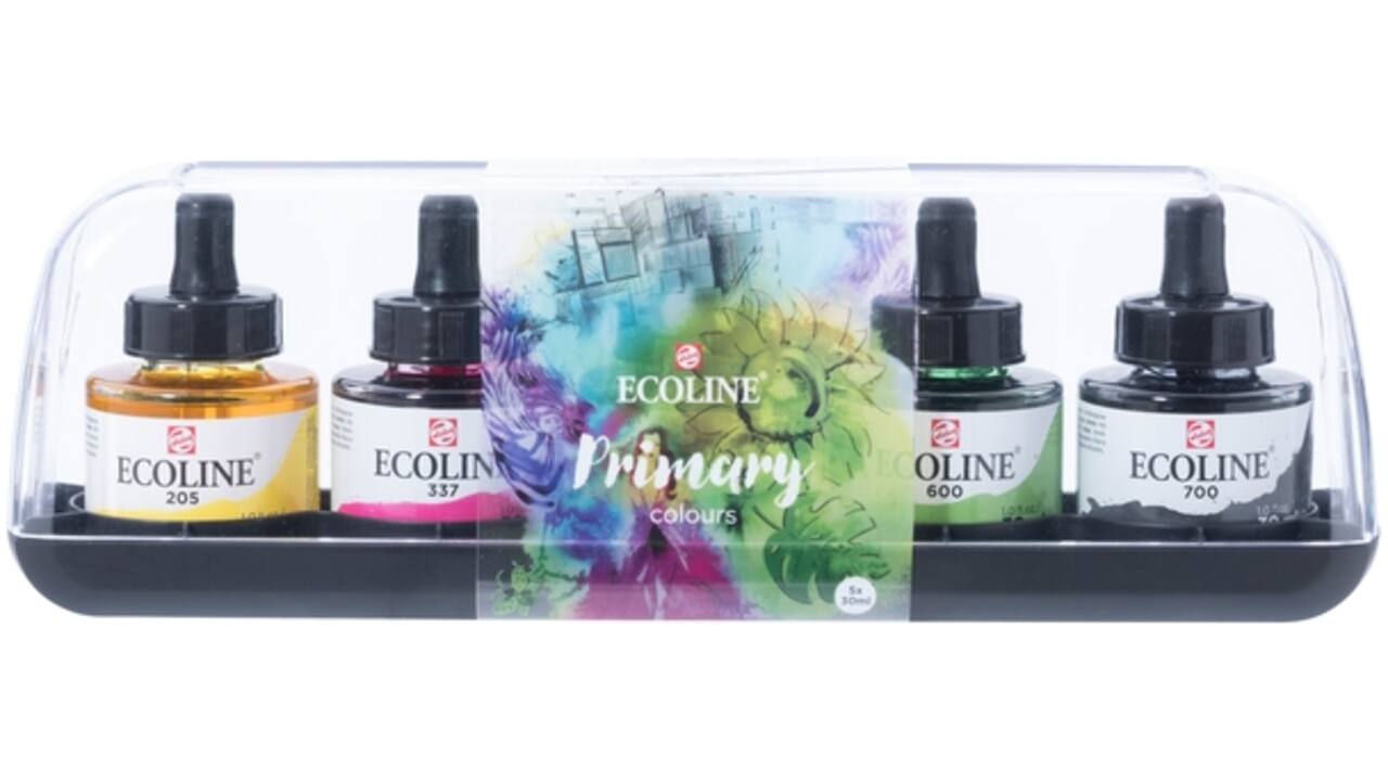 Inkt Talens Ecoline met pipet primary set à 5 ass