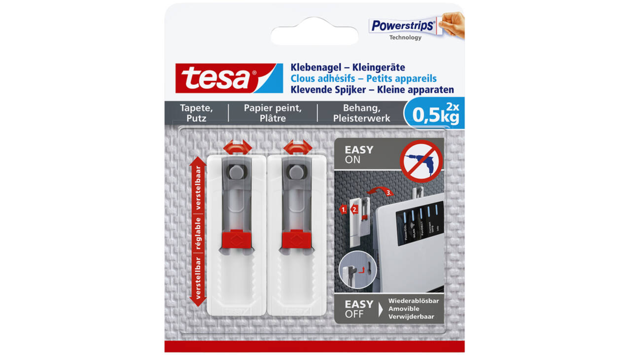 Klevende spijker tesa® kleine apparaten voor behang en pleisterwerk 0,5kg grijs-wit
