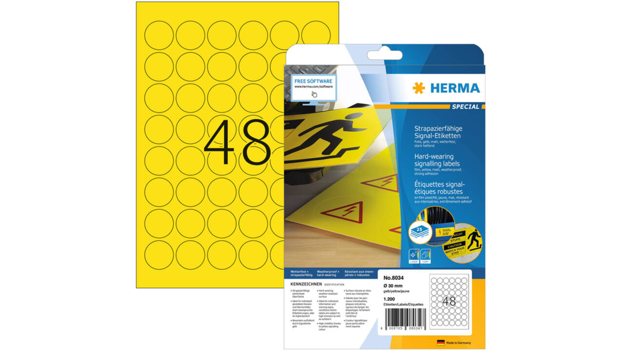 Etiket HERMA 8034 30mm rond weerbestendig geel 1200stuks