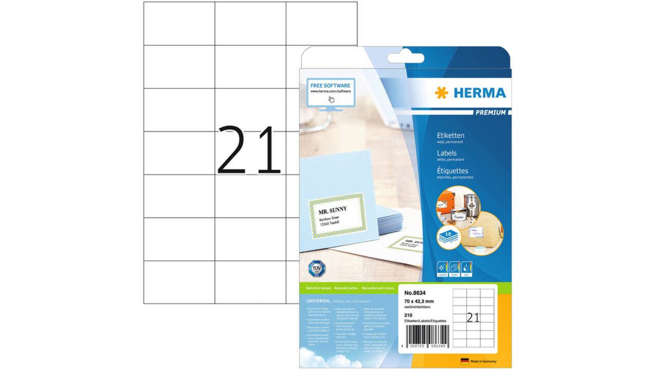 Etiket HERMA 8634 70x42.3mm premium wit 210stuks
