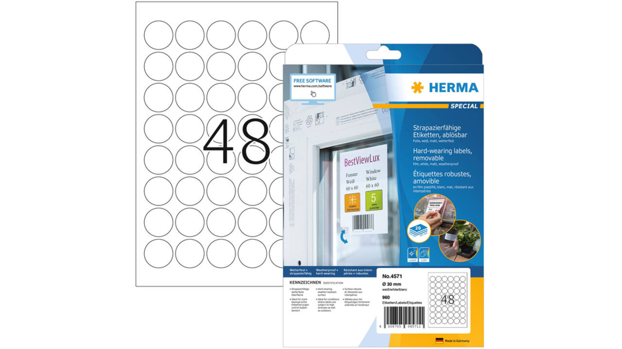 Etiket HERMA 4571 30mm rond folie wit 960stuks