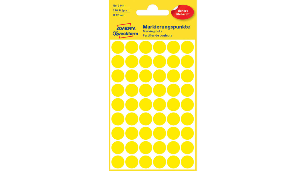 Etiket Avery Zweckform 3144 rond 12mm geel 270stuks