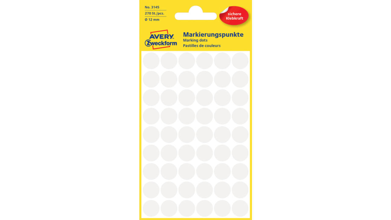 Etiket Avery 3145 rond 12mm wit 270 stuks