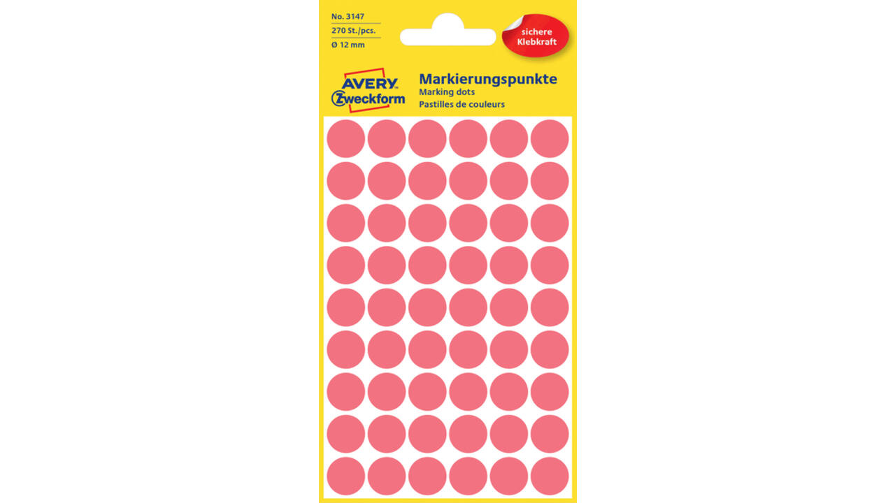 Etiket Avery Zweckform 3147 rond 12mm lichtrood 270stuks