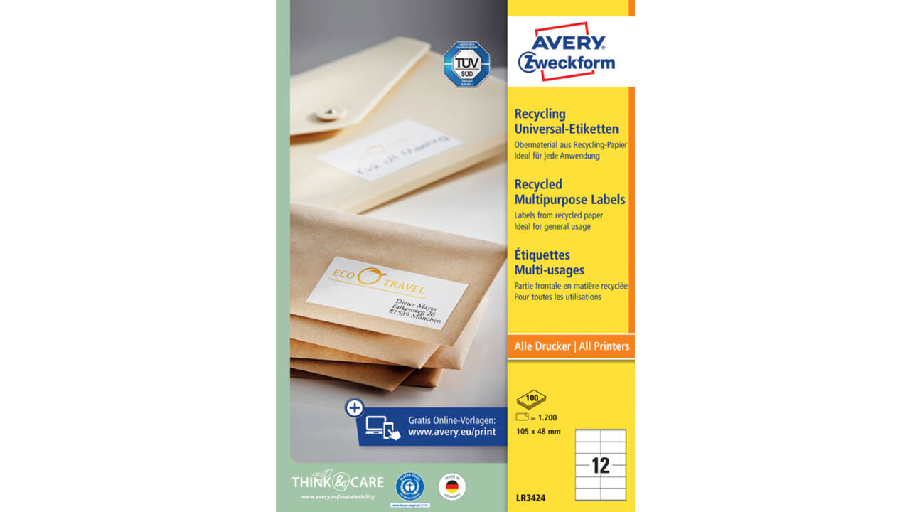 Etiket Avery Zweckform LR3424 105x48mm recycled wit 1200stuks