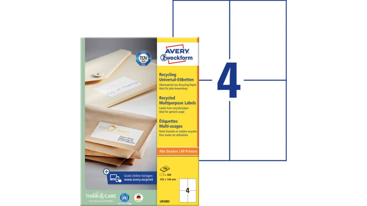 Etiket Avery Zweckform LR3483 105x148mm A6 recycled wit 400stuks