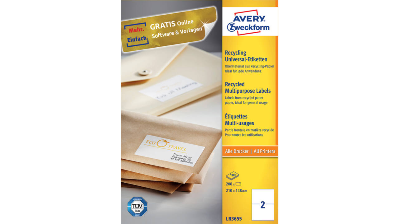 Etiket Avery Zweckform LR3655 210x148mm A5 recycled wit 200stuks
