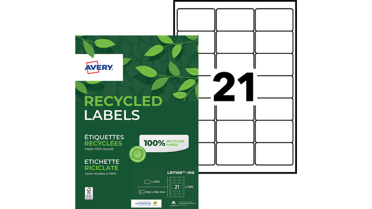 Etiket Avery LR7160-100 63.5x38.1mm recycled wit 2100stuks