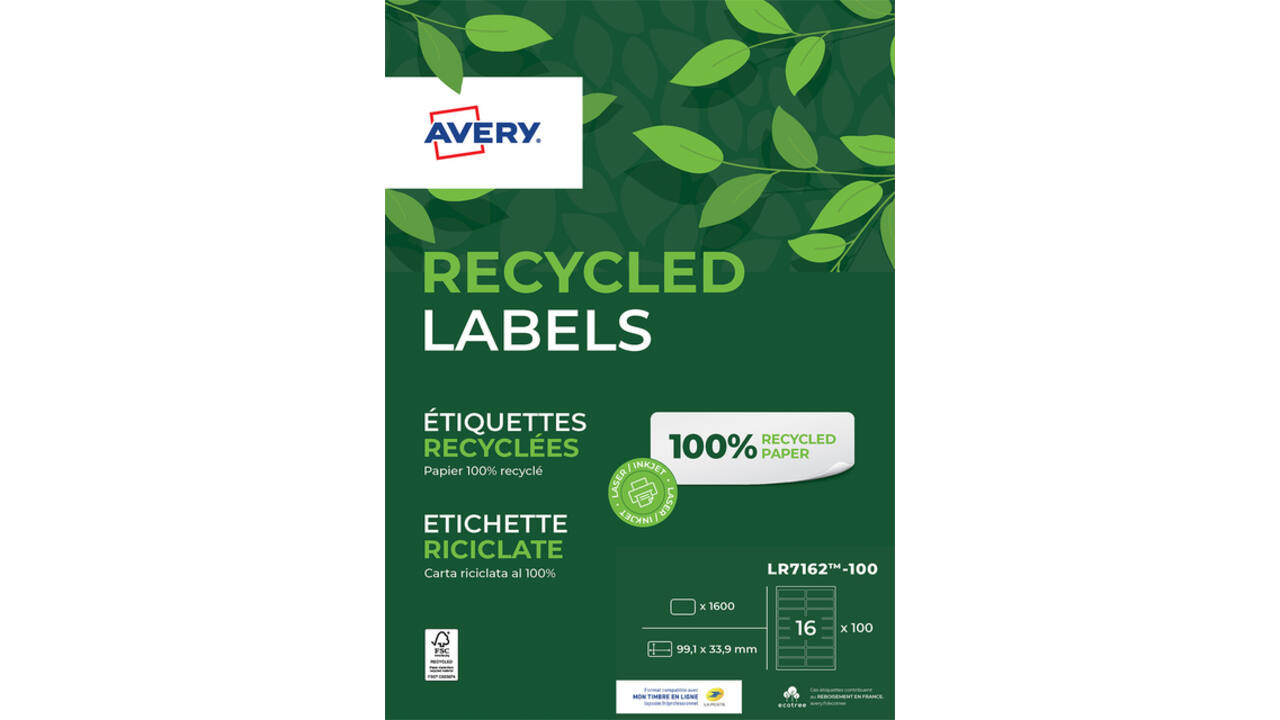 Etiket Avery LR7162-100 99.1x33.9mm recycled wit 1600stuks
