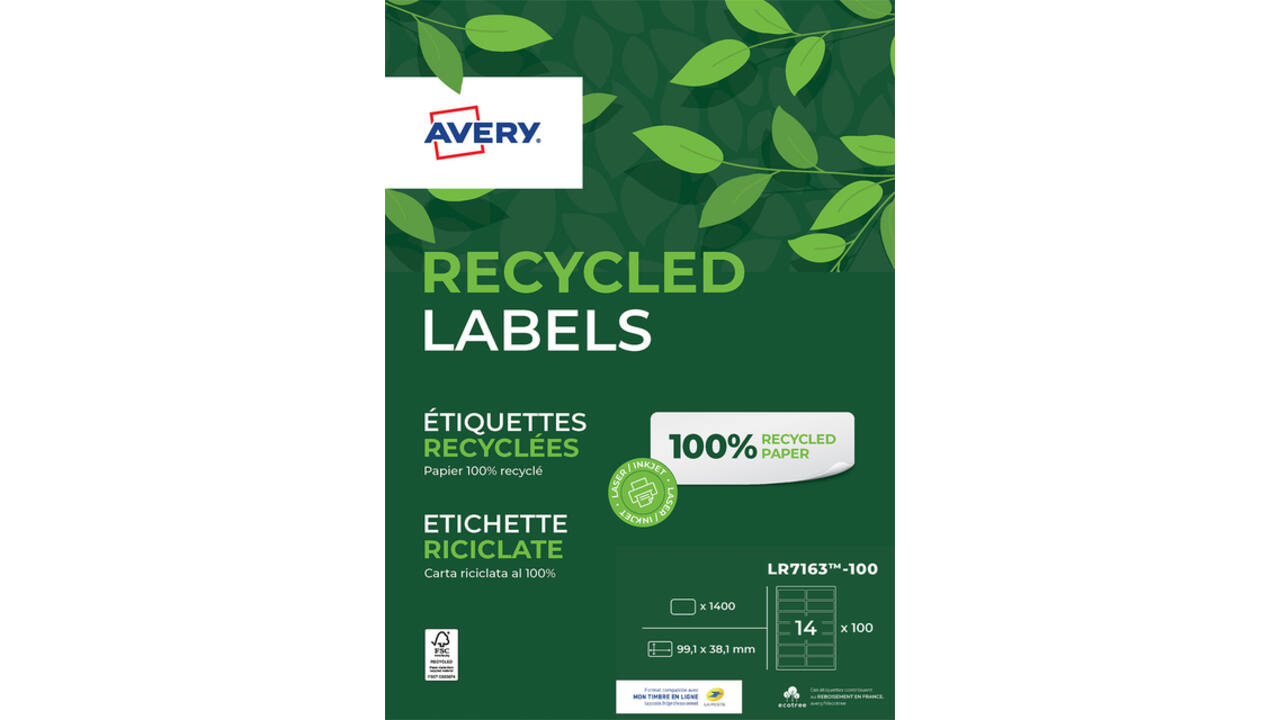 Etiket Avery LR7163-100 99.1x38.1mm recycled wit 1400stuks