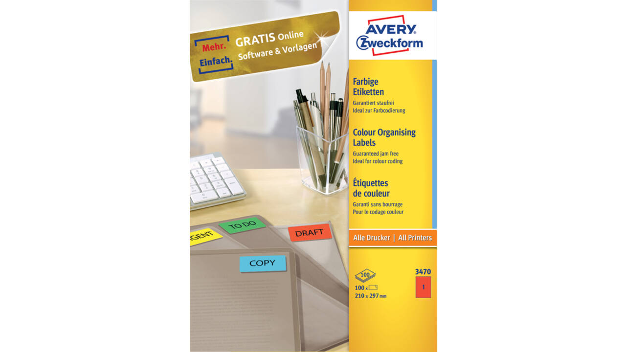 Etiket Avery Zweckform 3470 210x297mm A4 rood 100stuks