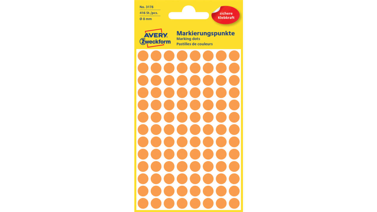Etiket Avery Zweckform 3178 rond 8mm oranje 416stuks