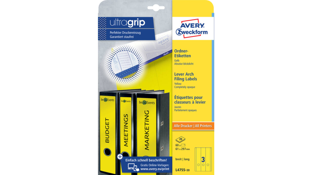 Rugetiket Avery Zweckform breed/lang 61x297mm zelfklevend geel