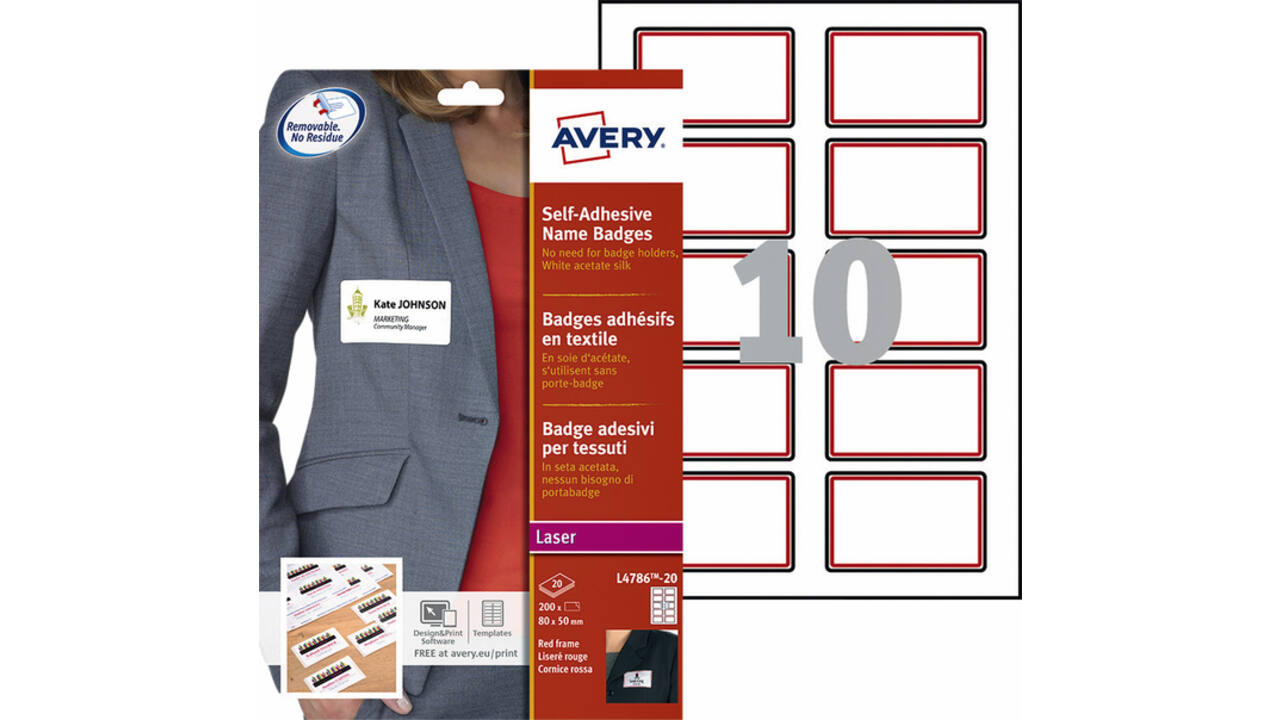 Naambadge etiket Avery L4786-20 80x50mm rood kader 200stuks