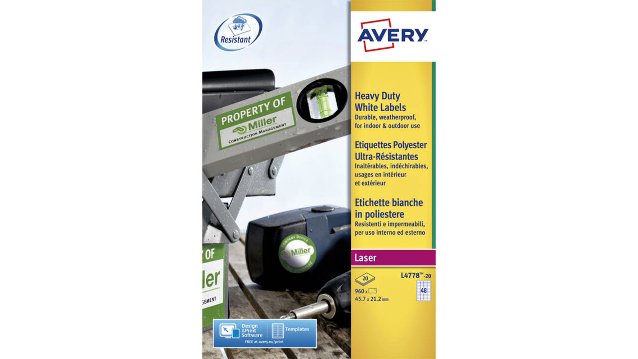 Etiket Avery L4778-20 45.7x21.2mm polyester wit 960stuks