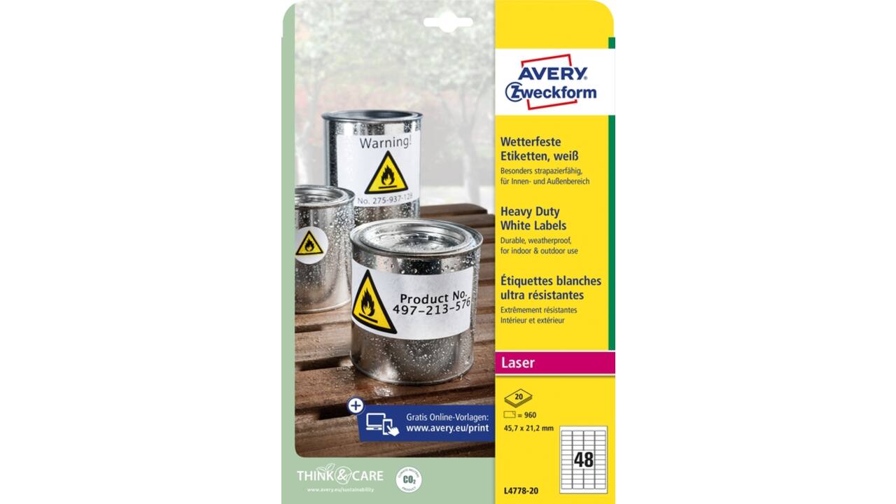 Etiket Avery L4778-20 45.7x21.2mm polyester wit 960stuks