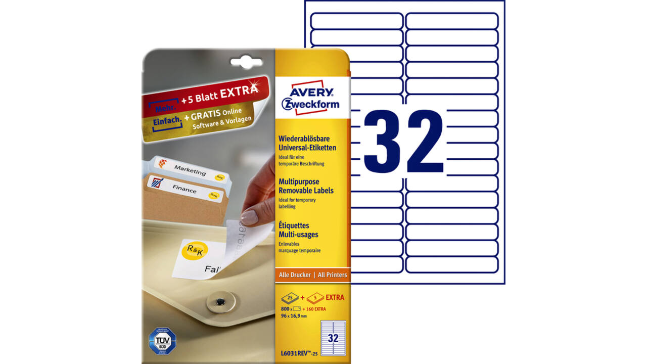 Etiket Avery Zweckform L6031REV-25 96x16.9mm afneembaar wit 800stuks