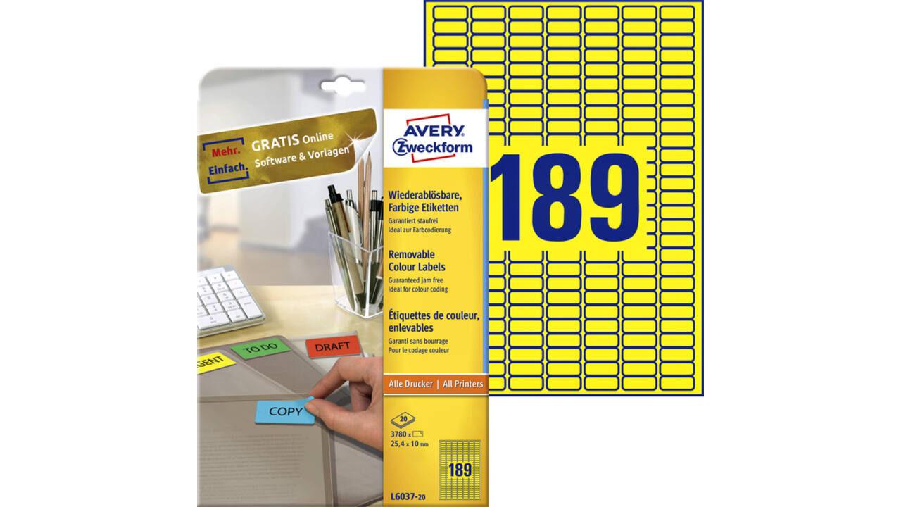 Etiket Avery Zweckform L6037-20 25.4x10mm geel 3780stuks
