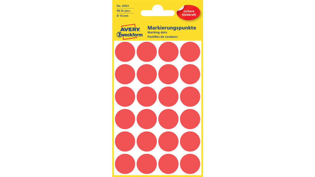 Etiket Avery Zweckform 3004 rond 18mm rood 96stuks
