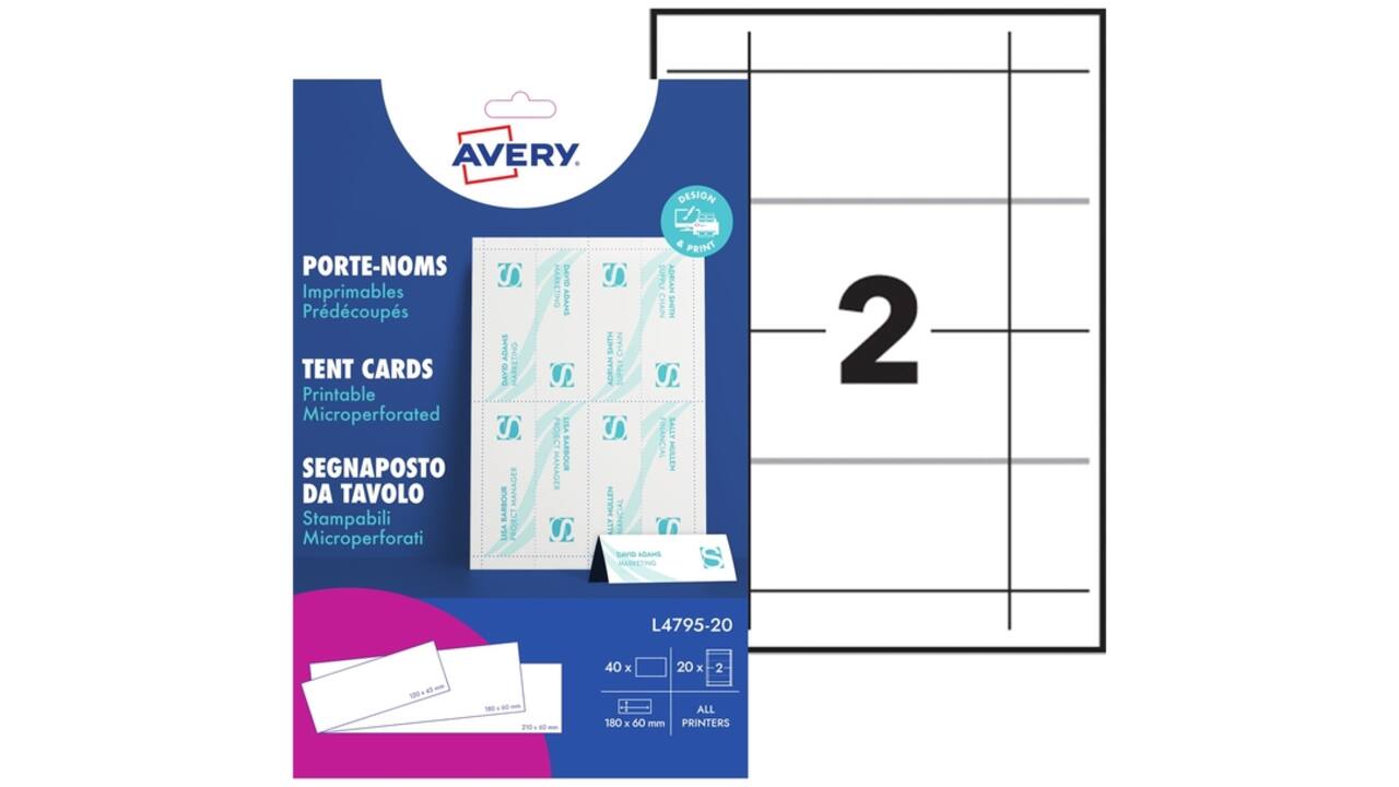 Tafelnaambord Avery L4795-20 180x60mm wit 40stuks