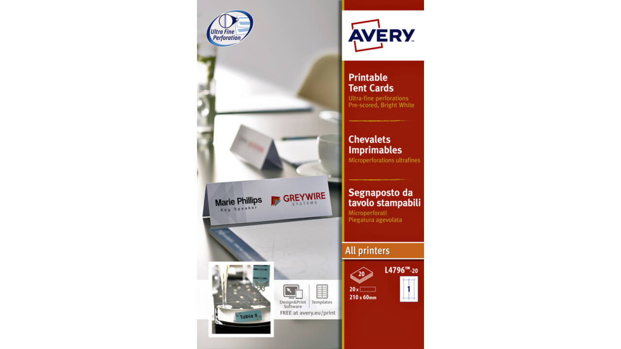 Tafelnaambord Avery L4796-20 210x60mm wit 20stuks