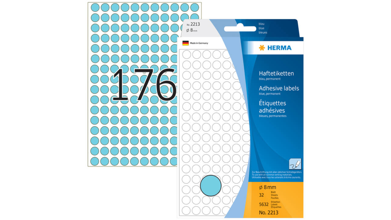 Etiket HERMA 2213 rond 8mm blauw 5632stuks