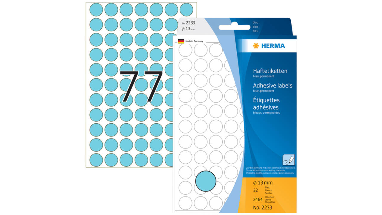Etiket HERMA 2233 rond 13mm blauw 2464stuks