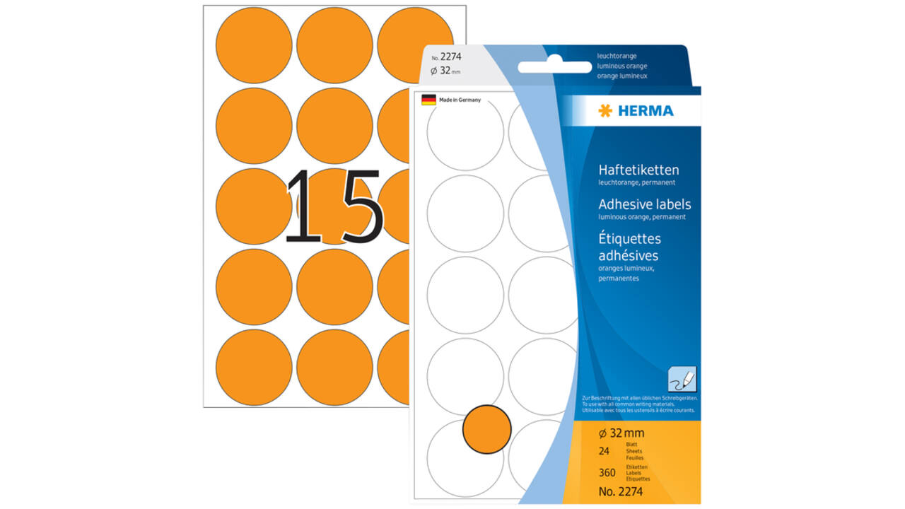 Etiket HERMA 2274 rond 32mm fluor oranje 360stuks