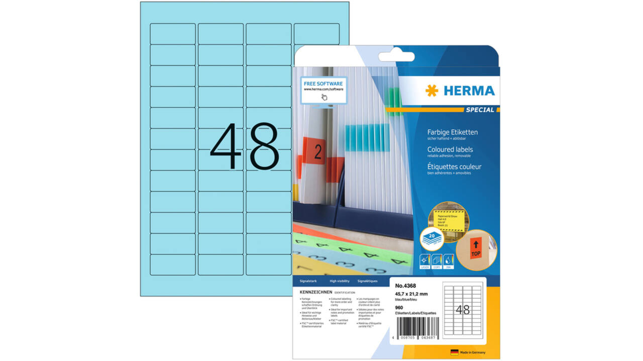 Etiket HERMA 4368 45.7x21.2mm verwijderbaar blauw 960stuks